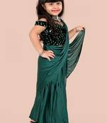 Green velvet plain pre stitched saree with stitched blouse for girls