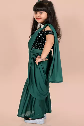 Green velvet plain pre stitched saree with stitched blouse for girls