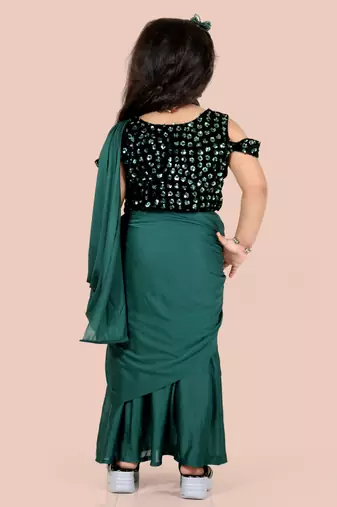 Green velvet plain pre stitched saree with stitched blouse for girls