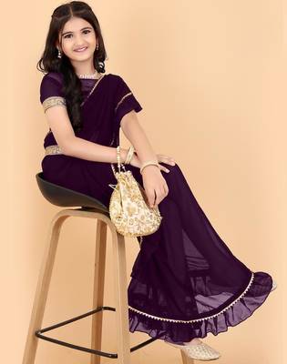 Purple georgette plain pre stitched saree with stitched blouse for girls 1