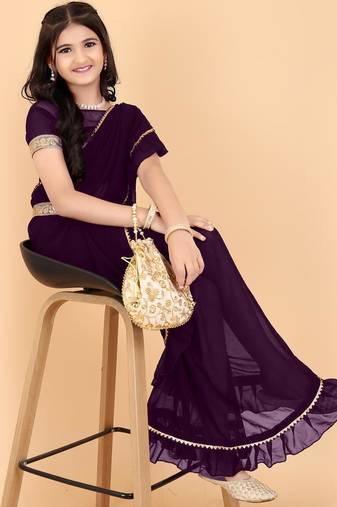 Purple georgette plain pre stitched saree whit unstitch blouse for girls