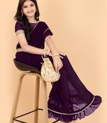 Purple georgette plain pre stitched saree with stitched blouse for girls