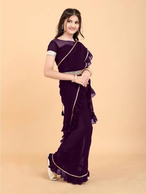 Purple georgette plain pre stitched saree with stitched blouse for girls 2