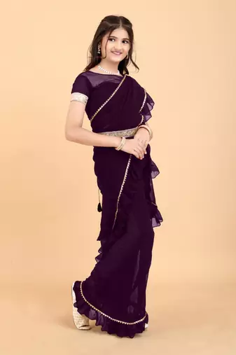 Purple georgette plain pre stitched saree with stitched blouse for girls