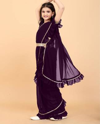 Purple georgette plain pre stitched saree with stitched blouse for girls 3