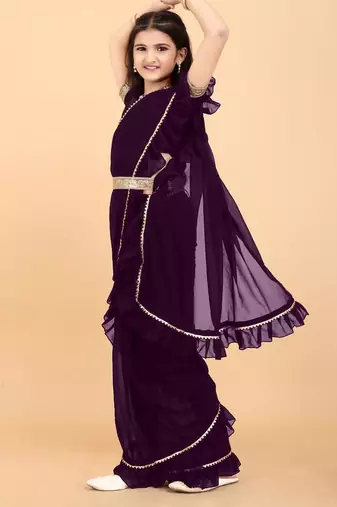 Purple georgette plain pre stitched saree with stitched blouse for girls