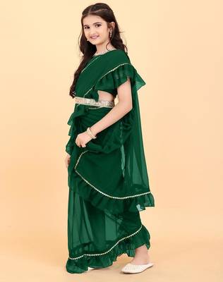 Green georgette plain pre stitched saree with stitched blouse for girls 1