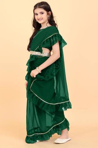 Green georgette plain pre stitched saree whit unstitch blouse for girls