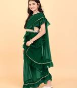 Green georgette plain pre stitched saree with stitched blouse for girls