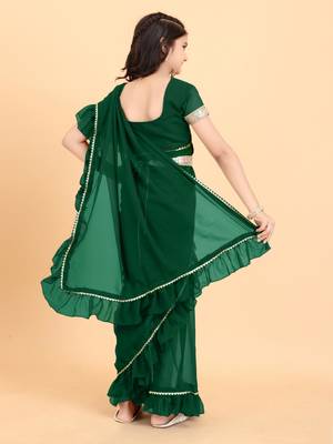 Green georgette plain pre stitched saree with stitched blouse for girls 2