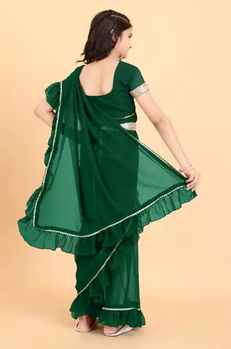 Green georgette plain pre stitched saree with stitched blouse for girls