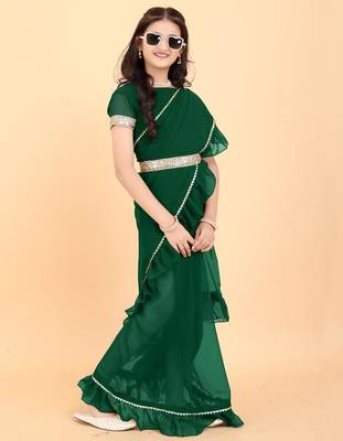 Green georgette plain pre stitched saree with stitched blouse for girls 3