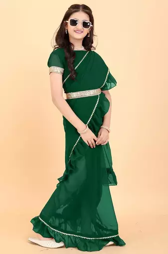 Green georgette plain pre stitched saree with stitched blouse for girls