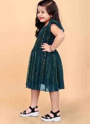 Green super net embroidered sequins work dress for girls 2
