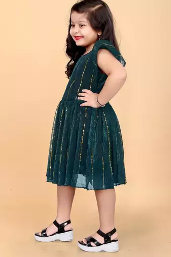 Green super net embroidered sequins work dress for girls