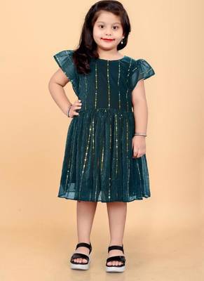 Green super net embroidered sequins work dress for girls 3