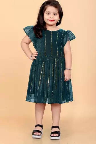 Green super net embroidered sequins work dress for girls