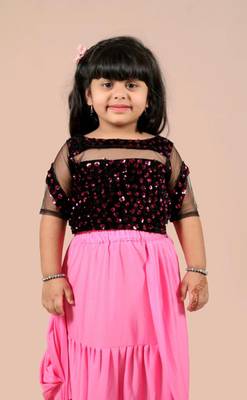 Pink velvet plain pre stitched saree with stitched blouse for girls 2