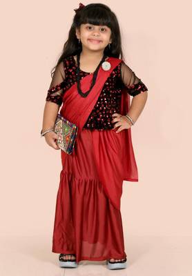 Maroon velvet plain pre stitched saree with stitched blouse for girls 2