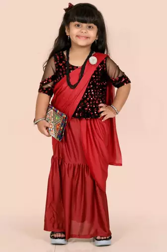 Maroon velvet plain pre stitched saree with stitched blouse for girls