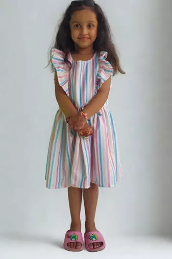 Multicolor rayon printed stripes print dress for girls