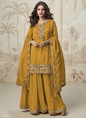 Yellow simar silk embroidered palazzo suit 1
