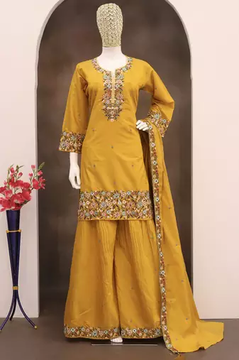 Yellow simar silk embroidered palazzo suit