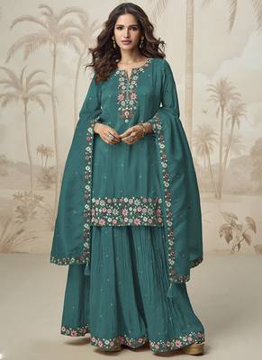 Turquoise simar silk embroidered palazzo suit 1