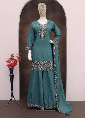 Turquoise simar silk embroidered palazzo suit 2