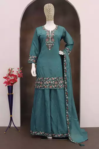 Turquoise simar silk embroidered palazzo suit