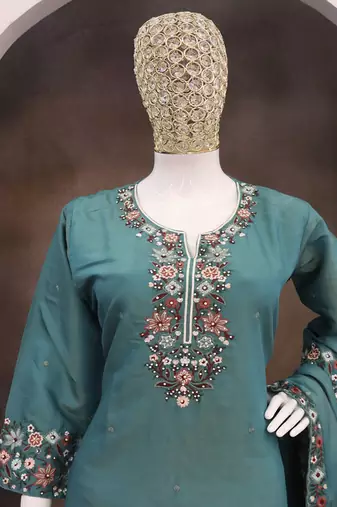 Turquoise simar silk embroidered palazzo suit