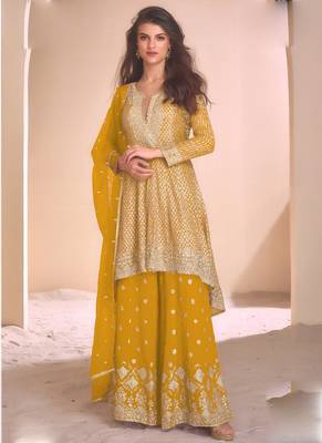 Yellow georgette embroidered palazzo suit 1