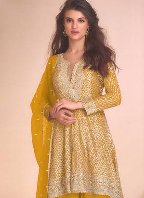 Yellow georgette embroidered palazzo suit 2