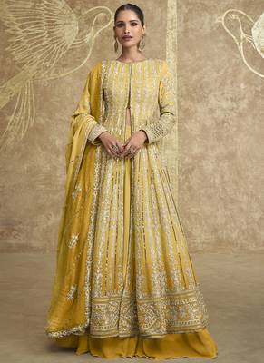 Yellow georgette embroidered lehenga style suit 1