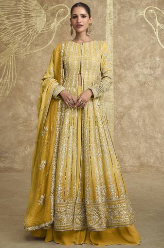 Yellow georgette embroidered lehenga style suit
