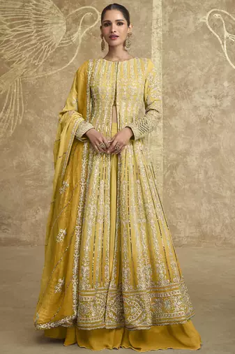 Yellow georgette embroidered lehenga style suit