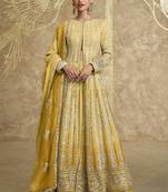 Yellow georgette embroidered lehenga style suit