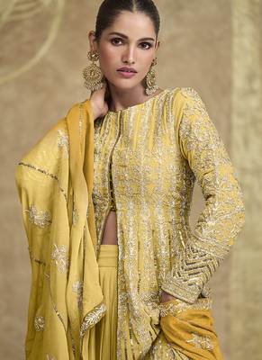 Yellow georgette embroidered lehenga style suit 2