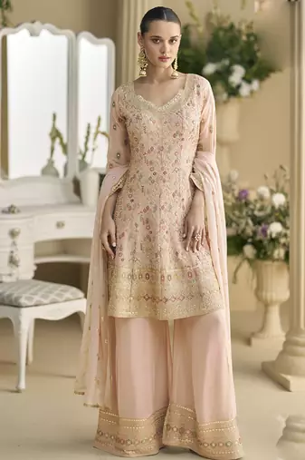 Light peach real georgette embroidered Palazzo suit