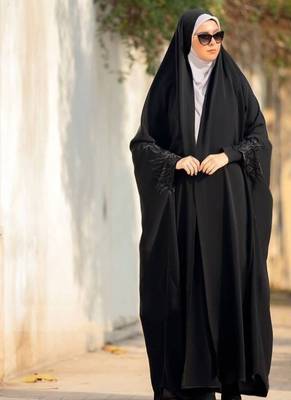 Premium Irani or Iraqi Chadar or Abaya Nida Plain Black Embroidery Sleeves 1