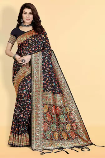 Elegant Black Banarasi Silk Saree with Vibrant Multicolor Floral & Paisley Woven Design 