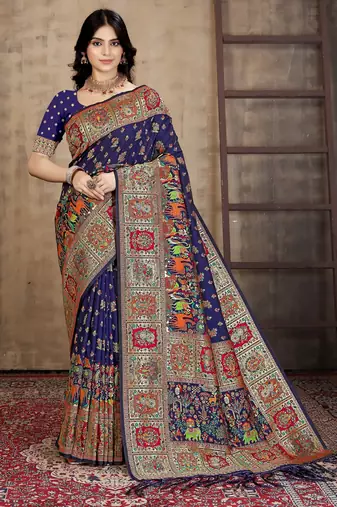 Majestic Navy Blue Animal-Inspired Banarasi Silk Saree with Rich Multicolor Pallu