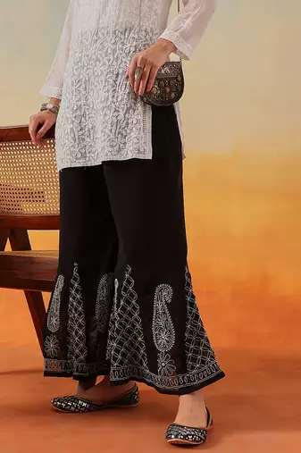 Hand embroidered black georgette lucknowi chikankari palazzo