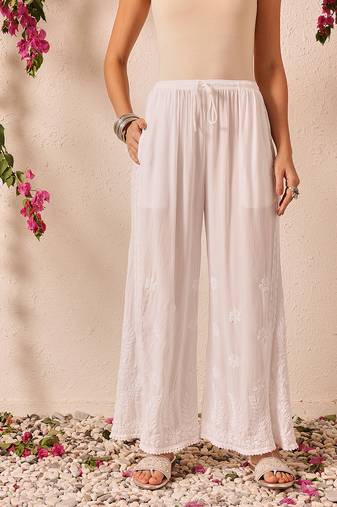 Hand embroidered white modal lucknowi chikankari palazzo