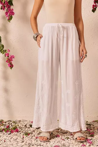 Hand embroidered white modal lucknowi chikankari palazzo