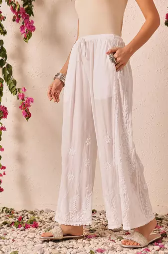 Hand embroidered white modal lucknowi chikankari palazzo
