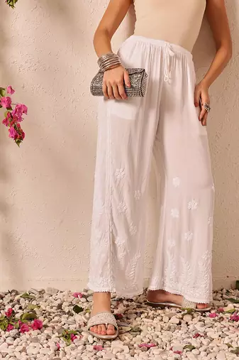 Hand embroidered white modal lucknowi chikankari palazzo