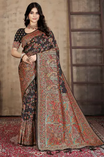 Regal Black Banarasi Silk Saree with Intricate Multicolor Pashmina-Inspired Weaving