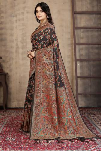 Regal Black Banarasi Silk Saree with Intricate Multicolor Pashmina-Inspired Weaving