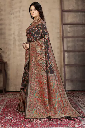 Regal Black Banarasi Silk Saree with Intricate Multicolor Pashmina-Inspired Weaving